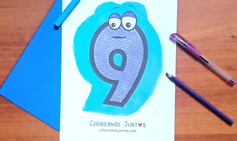 Drawing of the animated number 9 colored by Coloring Together