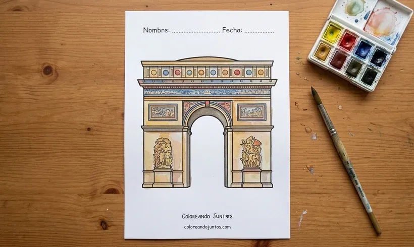 Drawing of the Arc de Triomphe colored with watercolors