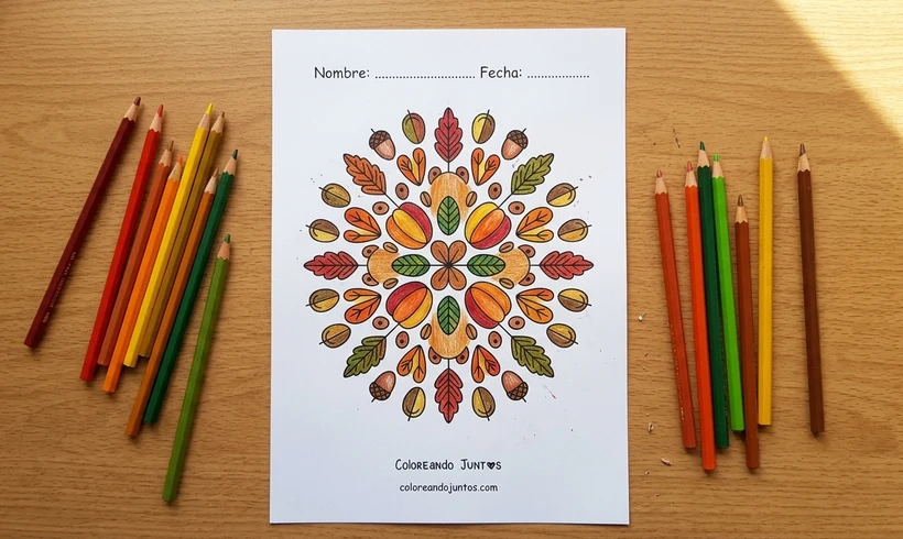 Autumn mandala with acorns and oak leaves colored with pencils