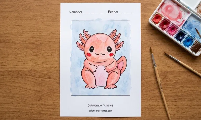 Drawing of a chubby axolotl sitting, colored with watercolors
