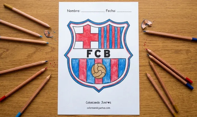 Drawing of the Barcelona crest colored with colored pencils