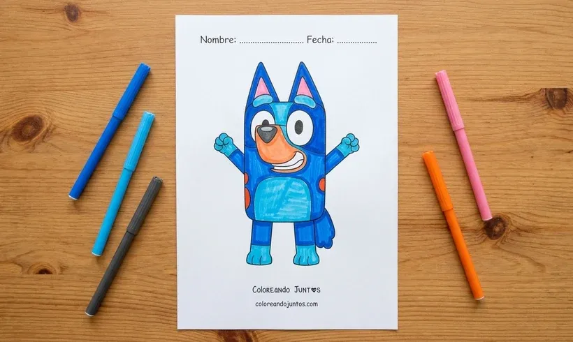Drawing of Bluey waving, colored with markers