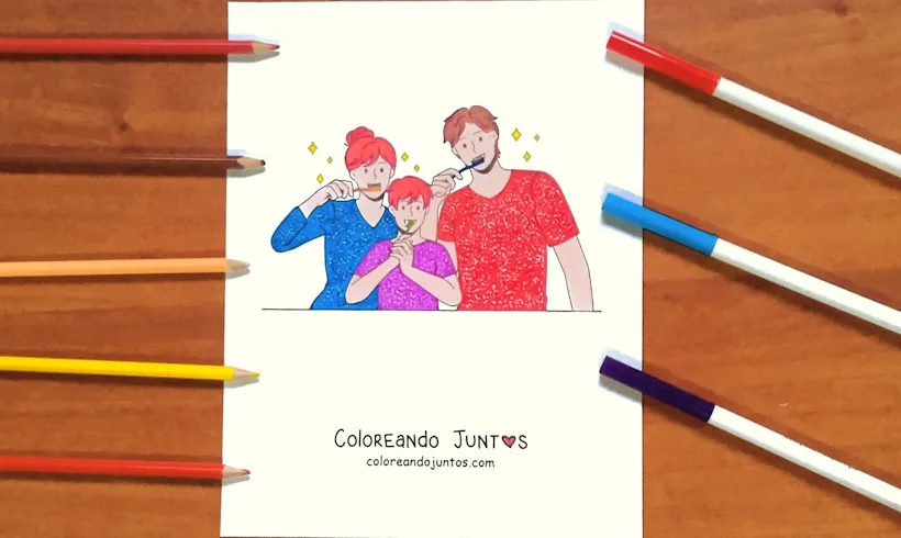 Drawing of a family brushing their teeth colored by Coloring Together