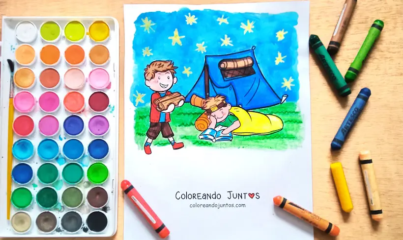 Drawing of a campsite colored by Coloring Together