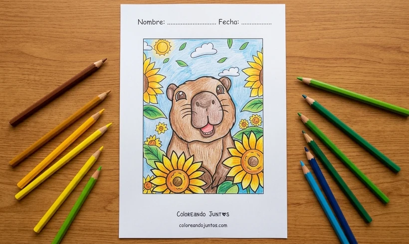Drawing of a capybara among sunflowers colored with colored pencils