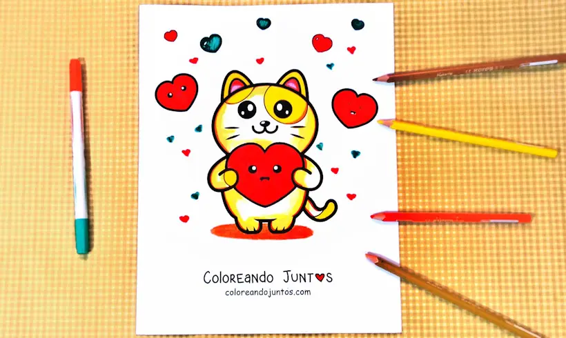 Drawing of a cat in love colored by Coloring Together