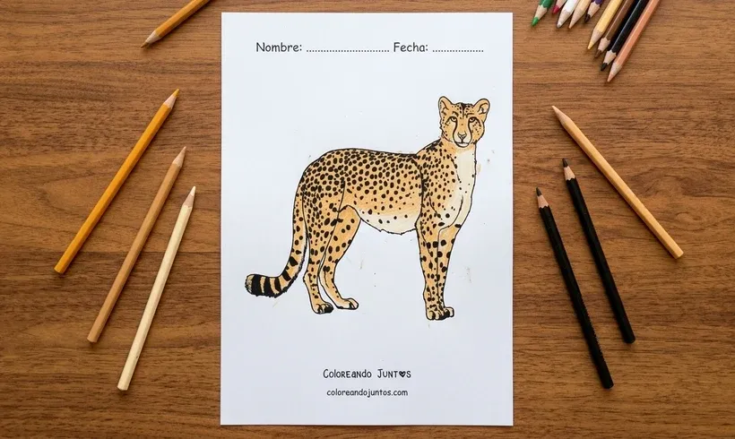 Drawing of a standing cheetah colored with colored pencils