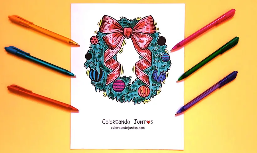 Drawing of a Christmas wreath colored by Coloring Together
