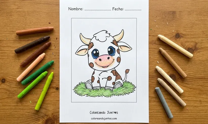 Drawing of a big-eyed calf sitting on the grass, colored with crayons