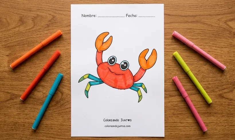 Drawing of a cartoon crab colored with markers