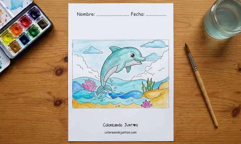 Drawing of a dolphin leaping over the sea colored with watercolors