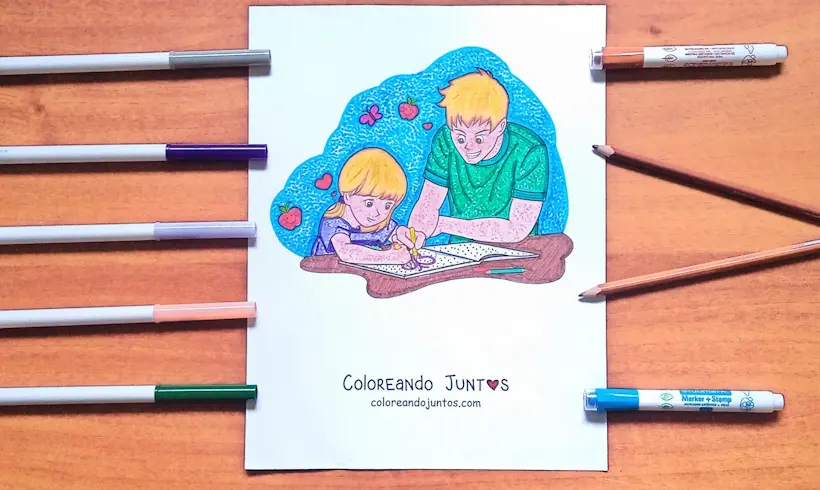 Drawing of a girl doing her homework colored by Coloring Together
