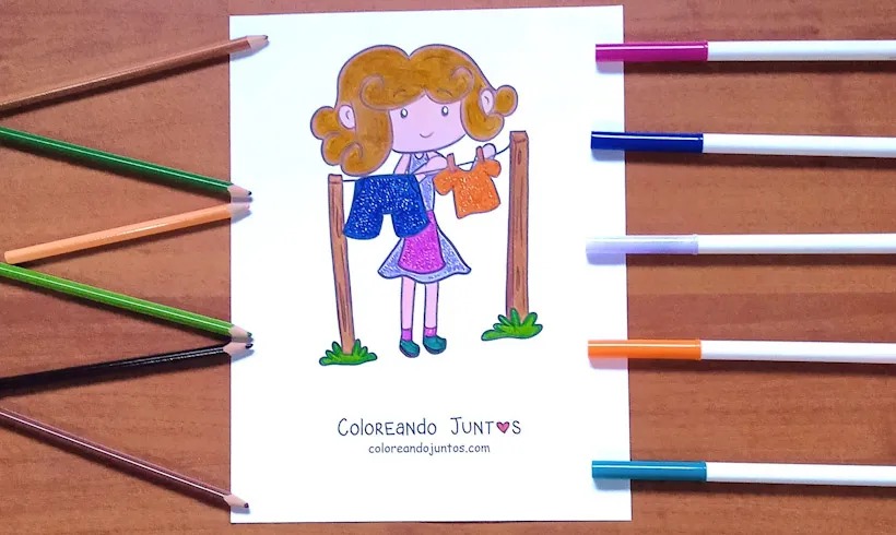 Drawing of a girl hanging the washed clothes colored by Coloring Together