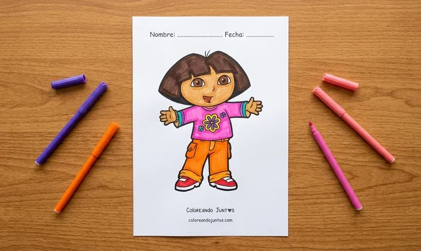Drawing of Dora the Explorer waving with her arms open colored with markers
