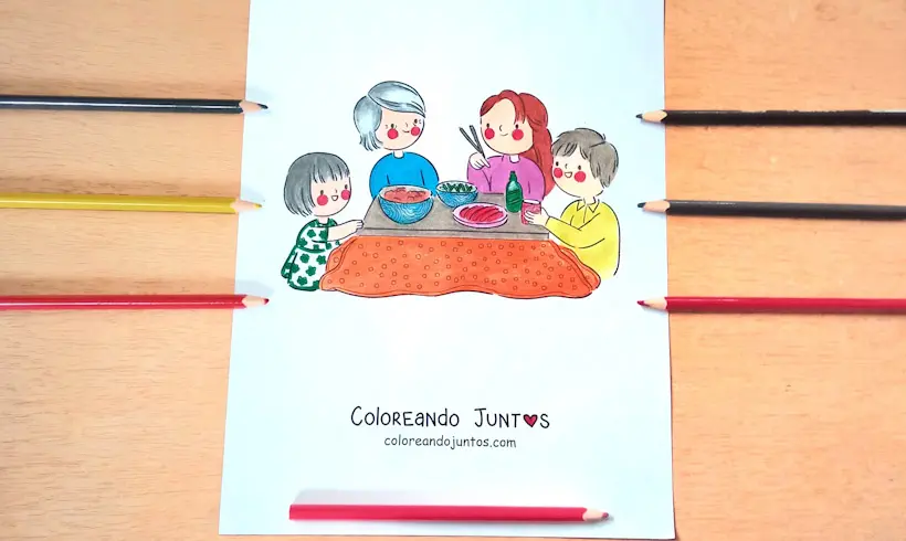 Drawing of a family having dinner colored by Coloring Together