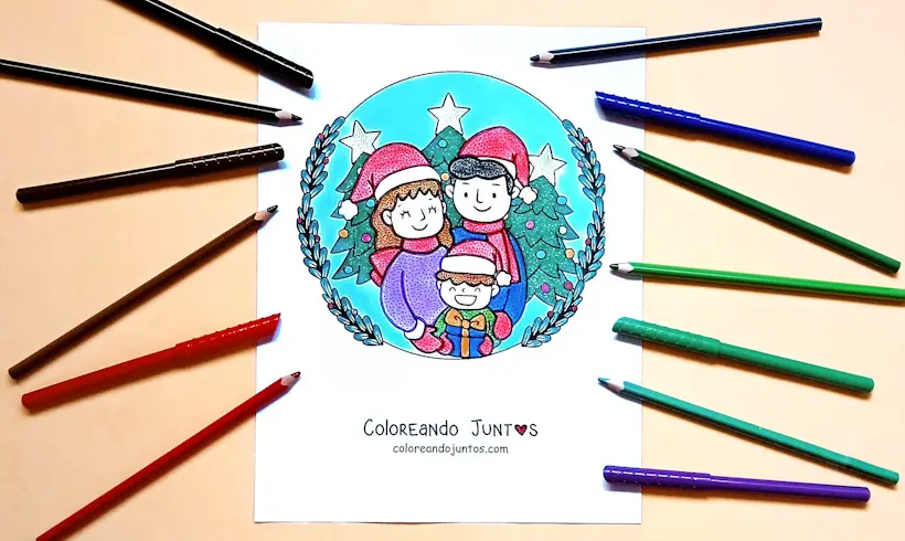 Drawing of a family at Christmas colored by Coloring Together