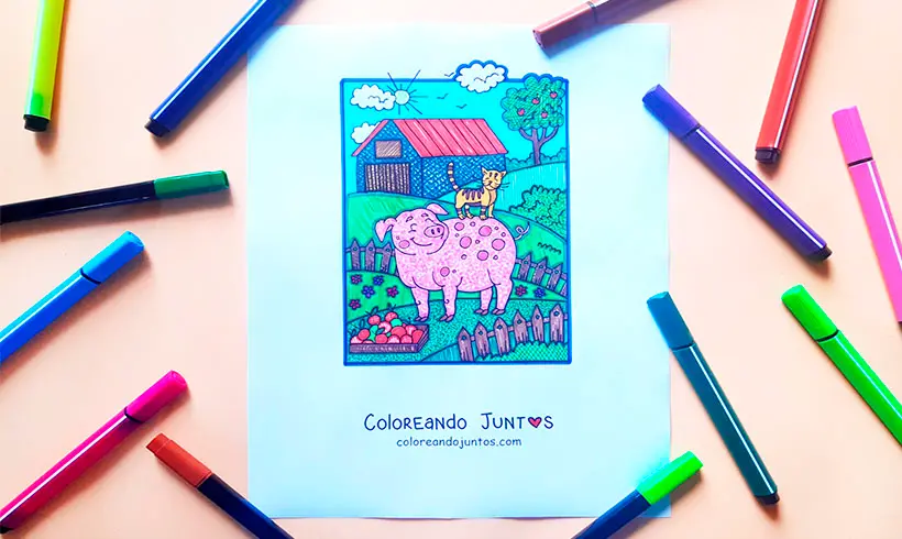 Drawing of a farm colored by Coloring Together