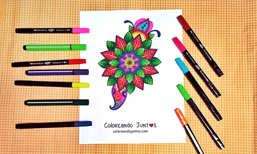 Drawing of a floral mandala colored by Coloring Together