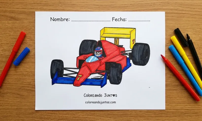 Drawing of a Formula 1 car with its driver colored with markers