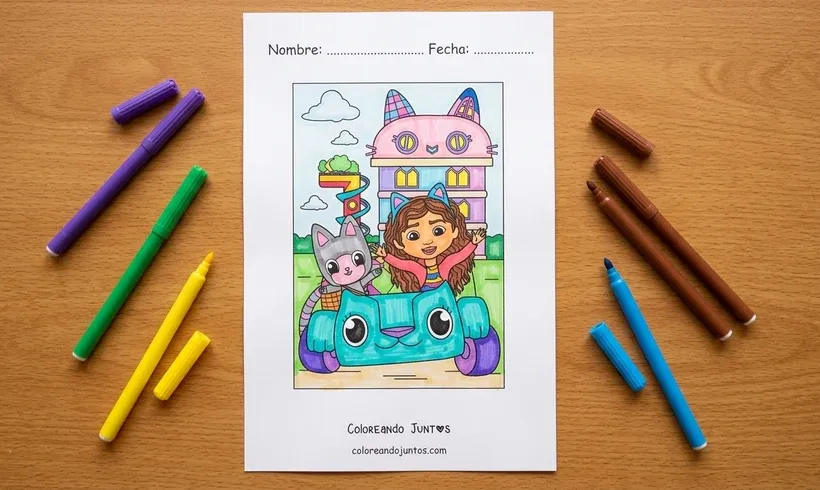 Drawing of Gabby and Pandy Paws riding in the car Carlita in front of the dollhouse, colored with markers