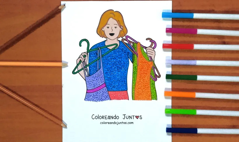 Drawing of a woman with dresses colored by Coloring Together