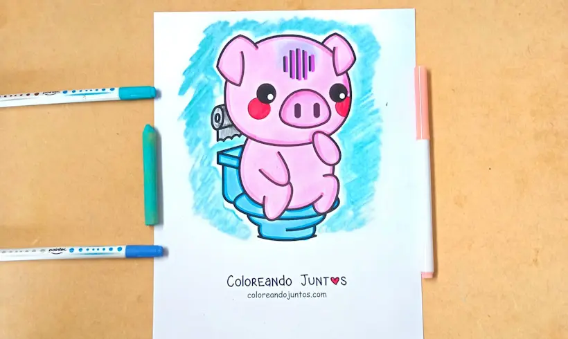 Drawing of a cartoon piglet in the bathroom colored by Coloring Together
