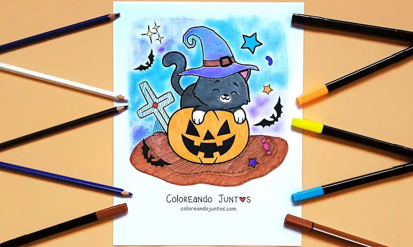 Halloween cat drawing colored by Coloring Together
