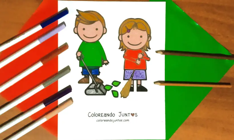 Drawing of kids helping at home colored by Coloring Together