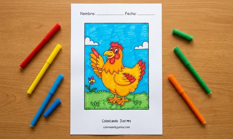 Drawing of a cartoon hen waving its wing with a big smile, colored with markers
