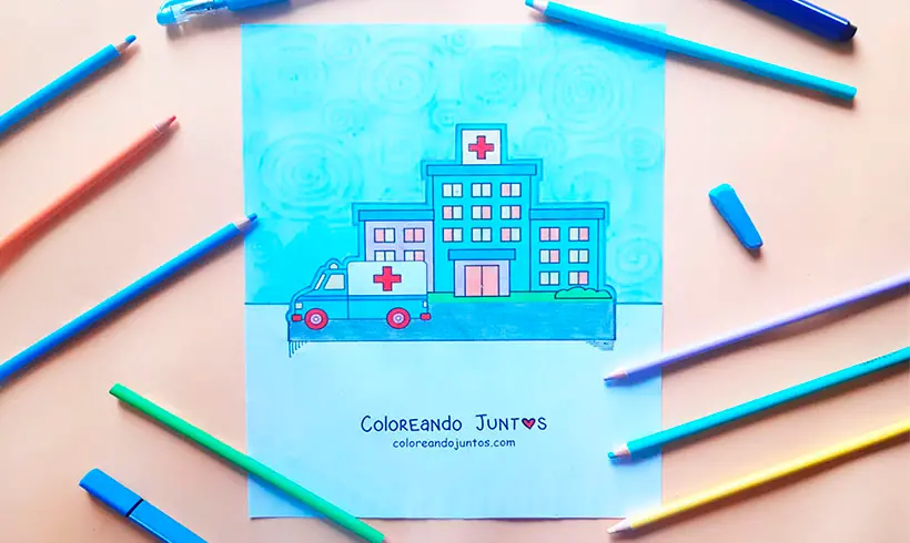 Drawing of a hospital colored by Coloring Together