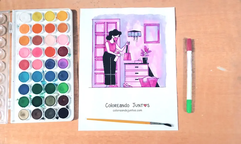 Drawing of a woman cleaning her house colored by Coloring Together