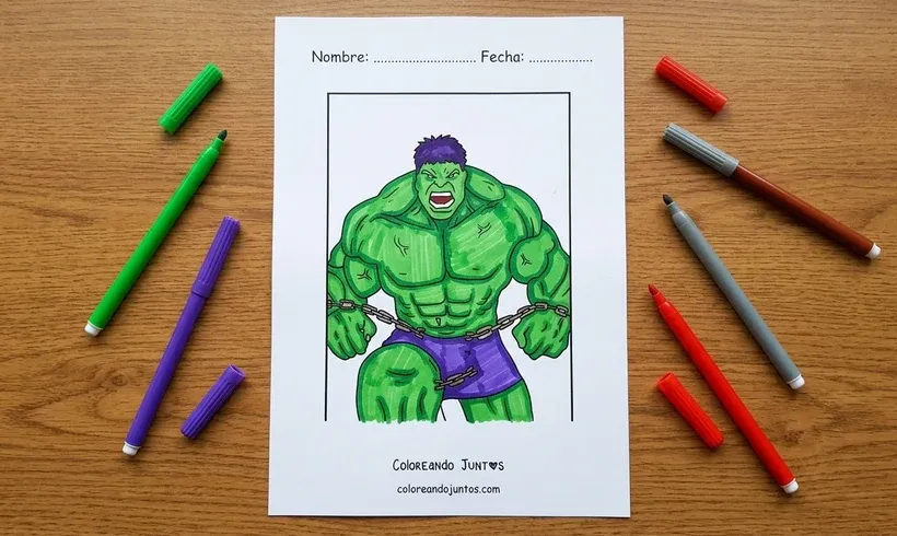 Drawing of Hulk breaking chains colored with markers