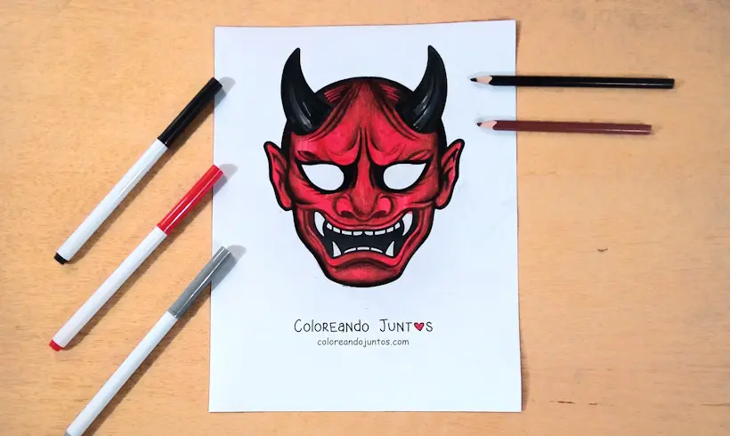 Drawing of a Japanese mask colored by Coloring Together