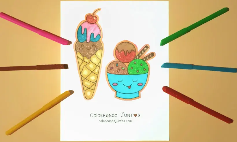 Drawing of kawaii ice cream, colored by Coloring Together