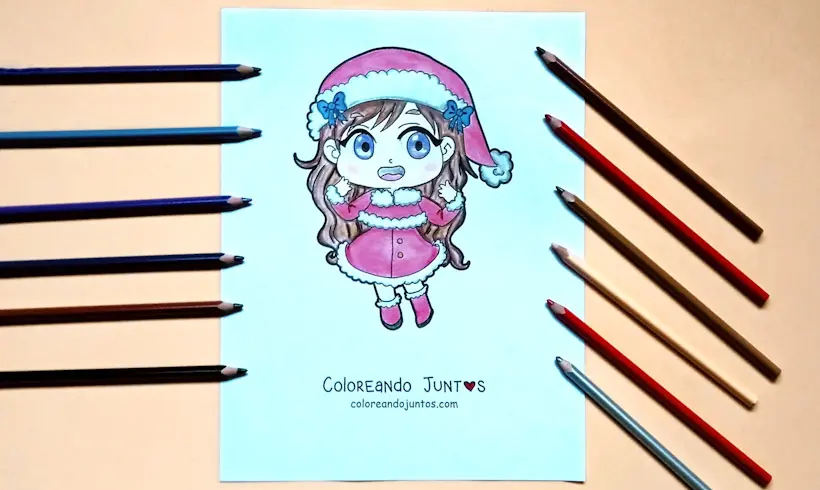 Drawing of a girl at Christmas colored by Coloring Together