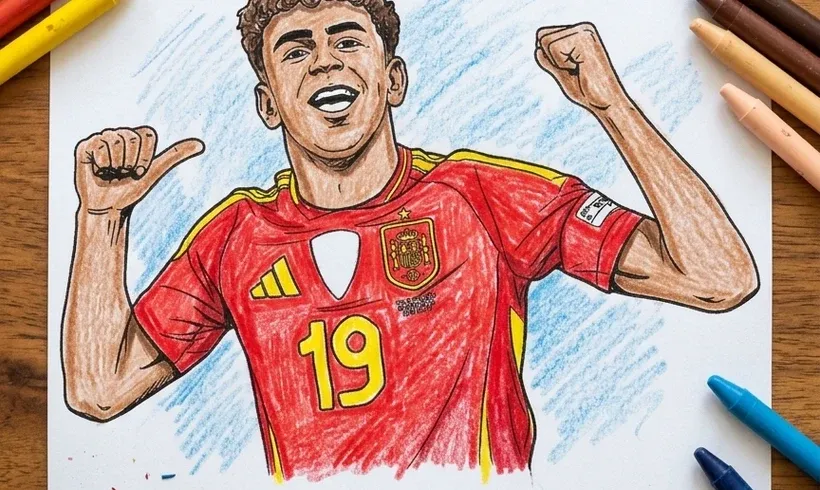 Drawing of Lamine Yamal celebrating a goal in the Spain shirt colored with crayons