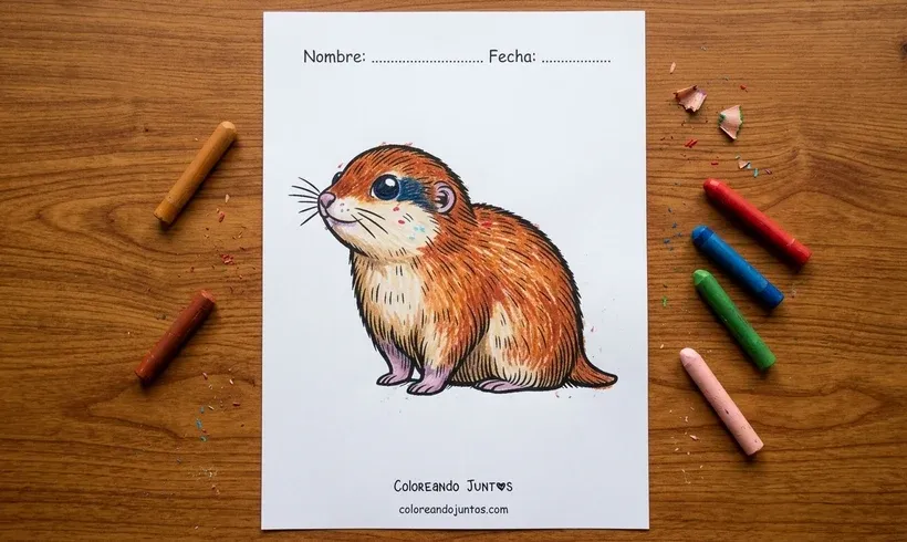 Drawing of a sitting lemming colored with crayons