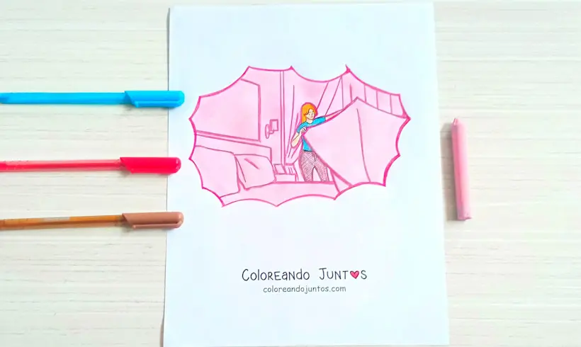 Drawing of a girl making the bed in the morning colored by Coloring Together