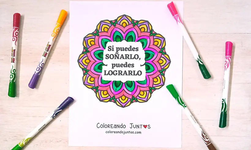 Drawing of a mandala with a quote colored by Coloring Together