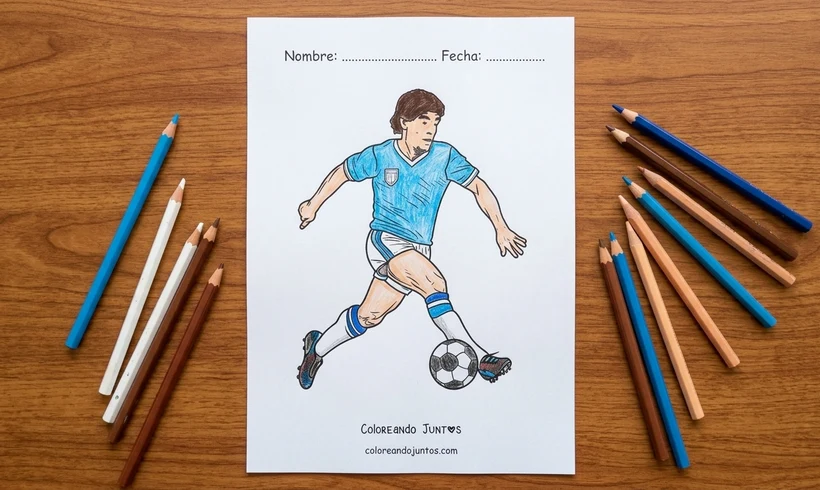 Drawing of Maradona dribbling in the Argentina shirt colored with colored pencils