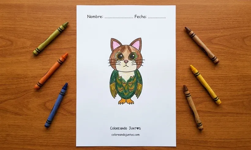 Drawing of a Meowl, half cat half owl, colored with crayons