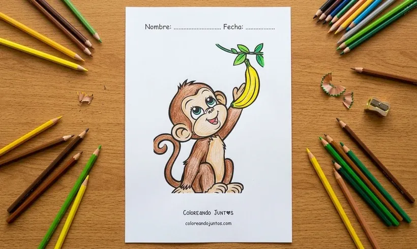 Drawing of a monkey sitting with a banana colored with colored pencils