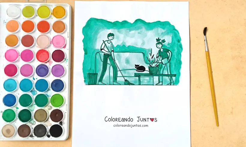 Drawing of a couple mopping the floor colored by Coloring Together
