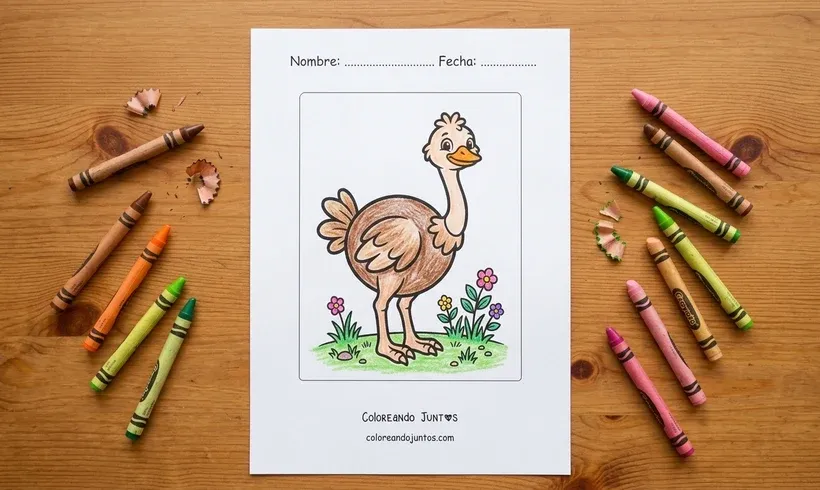 Drawing of a cute ostrich colored with wax crayons