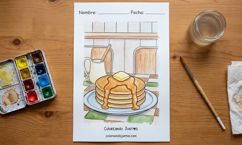 Drawing of a stack of pancakes with butter and syrup colored with watercolors