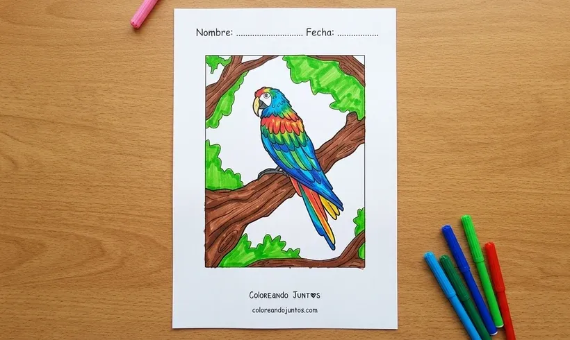 Drawing of a macaw perched on a branch colored with markers