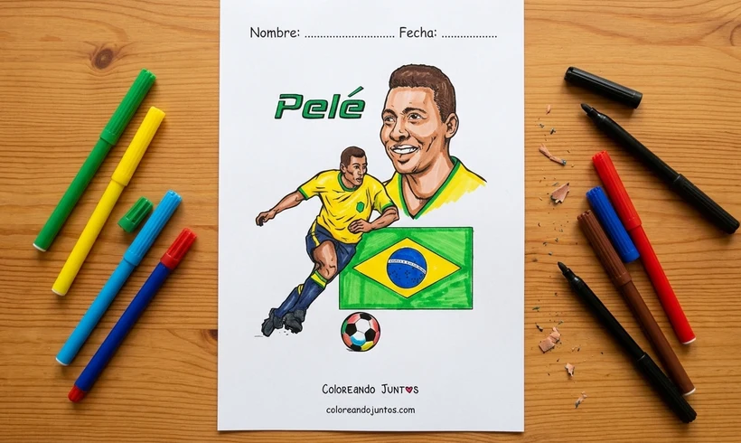 Drawing of Pelé with the flag of Brazil colored with markers