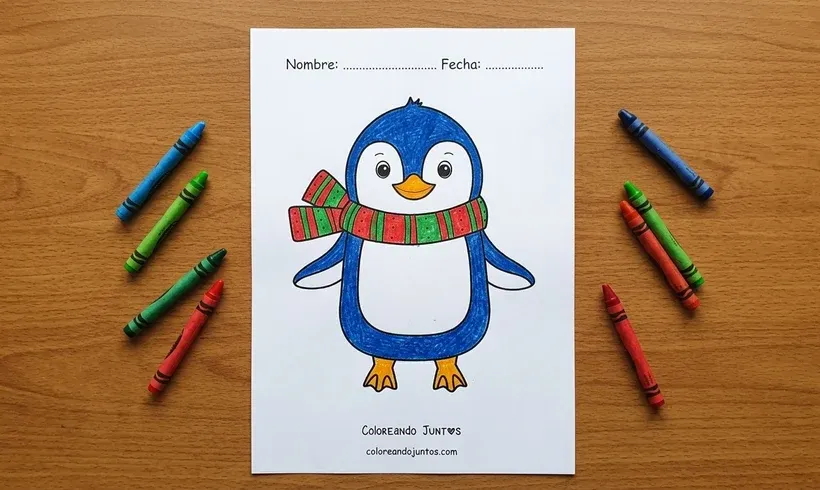 Drawing of a penguin with a scarf colored with crayons