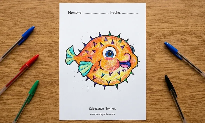 Drawing of an inflated pufferfish colored with colored pens