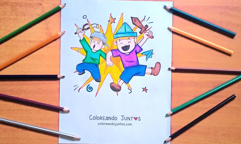 Drawing of children playing colored by Coloring Together